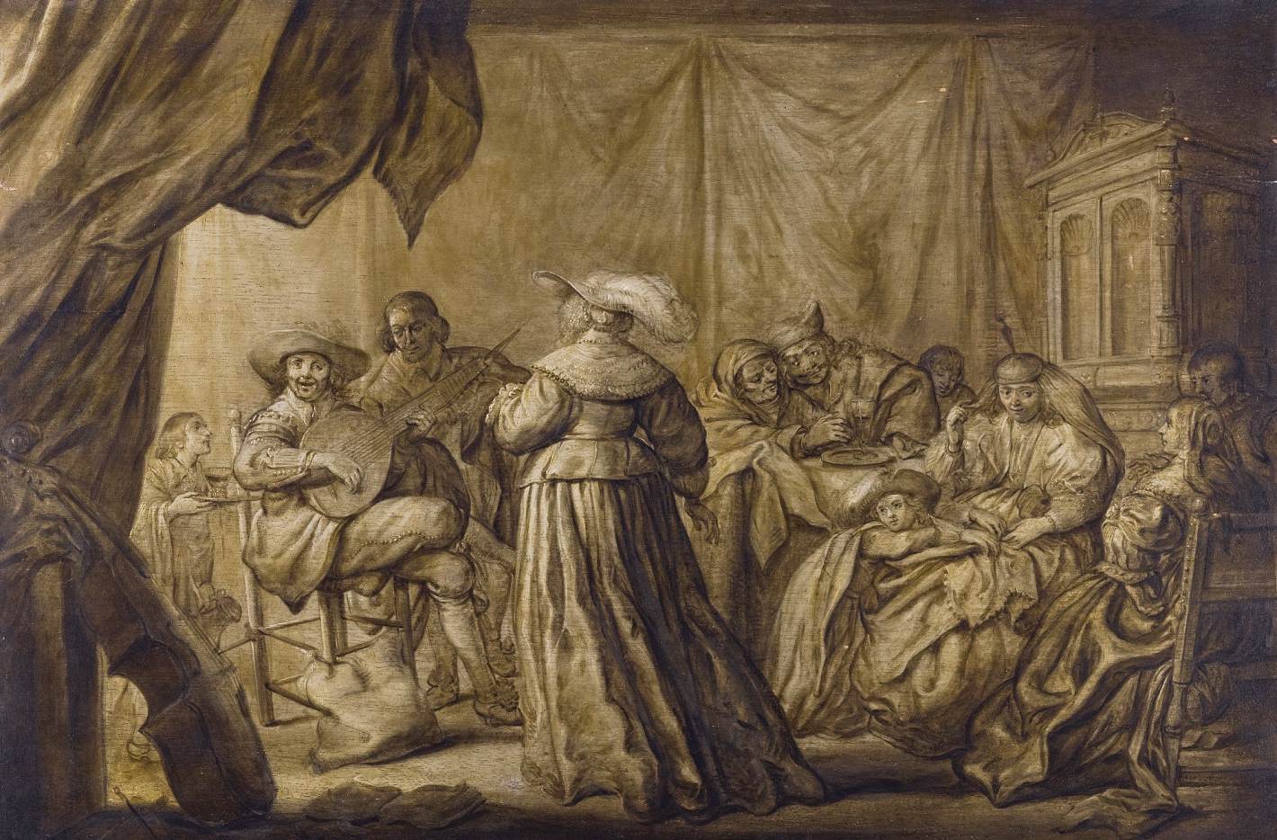 Interior Scene with Elegant Figures Playing Music by