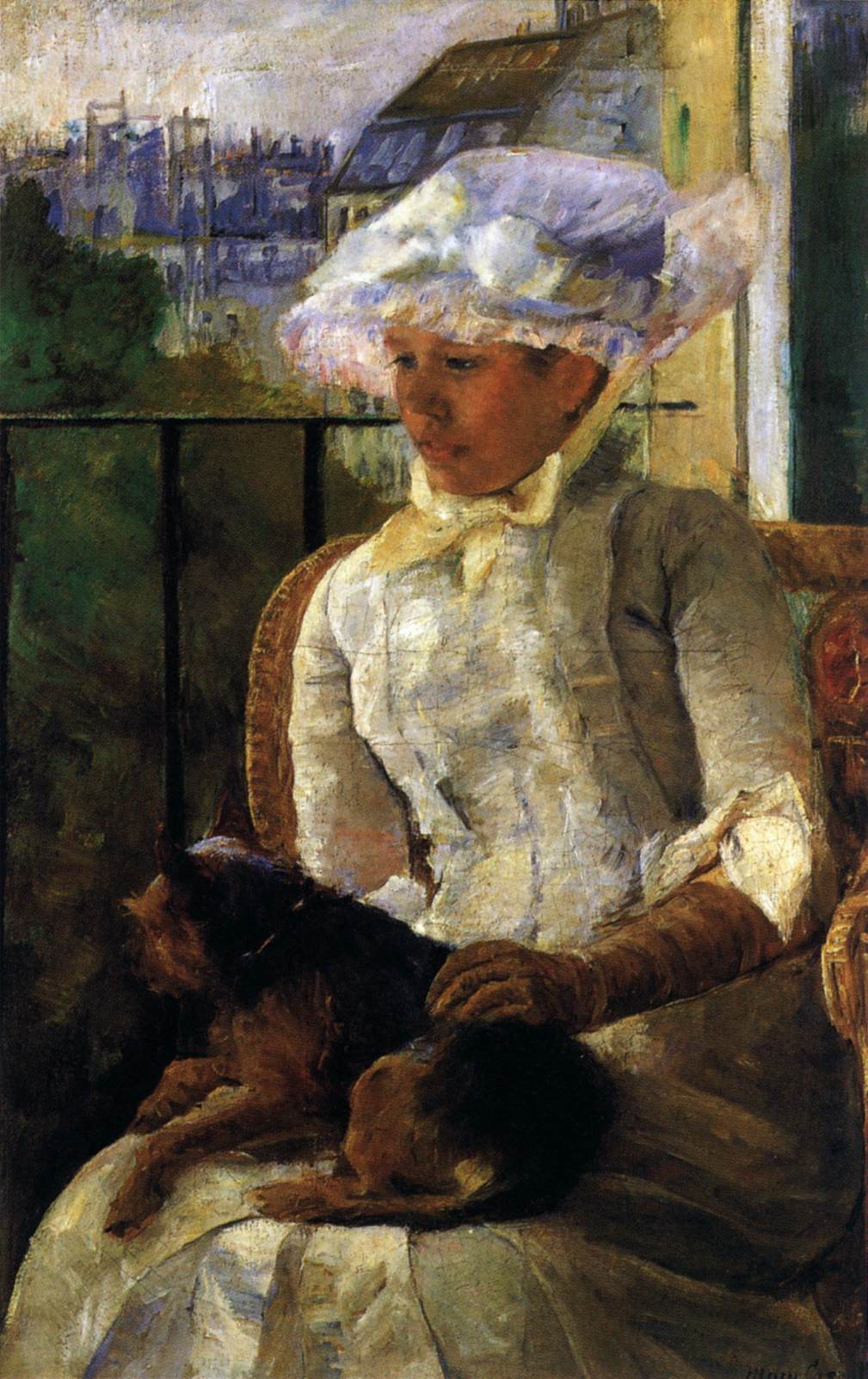 Susan on a Balcony Holding a Dog by