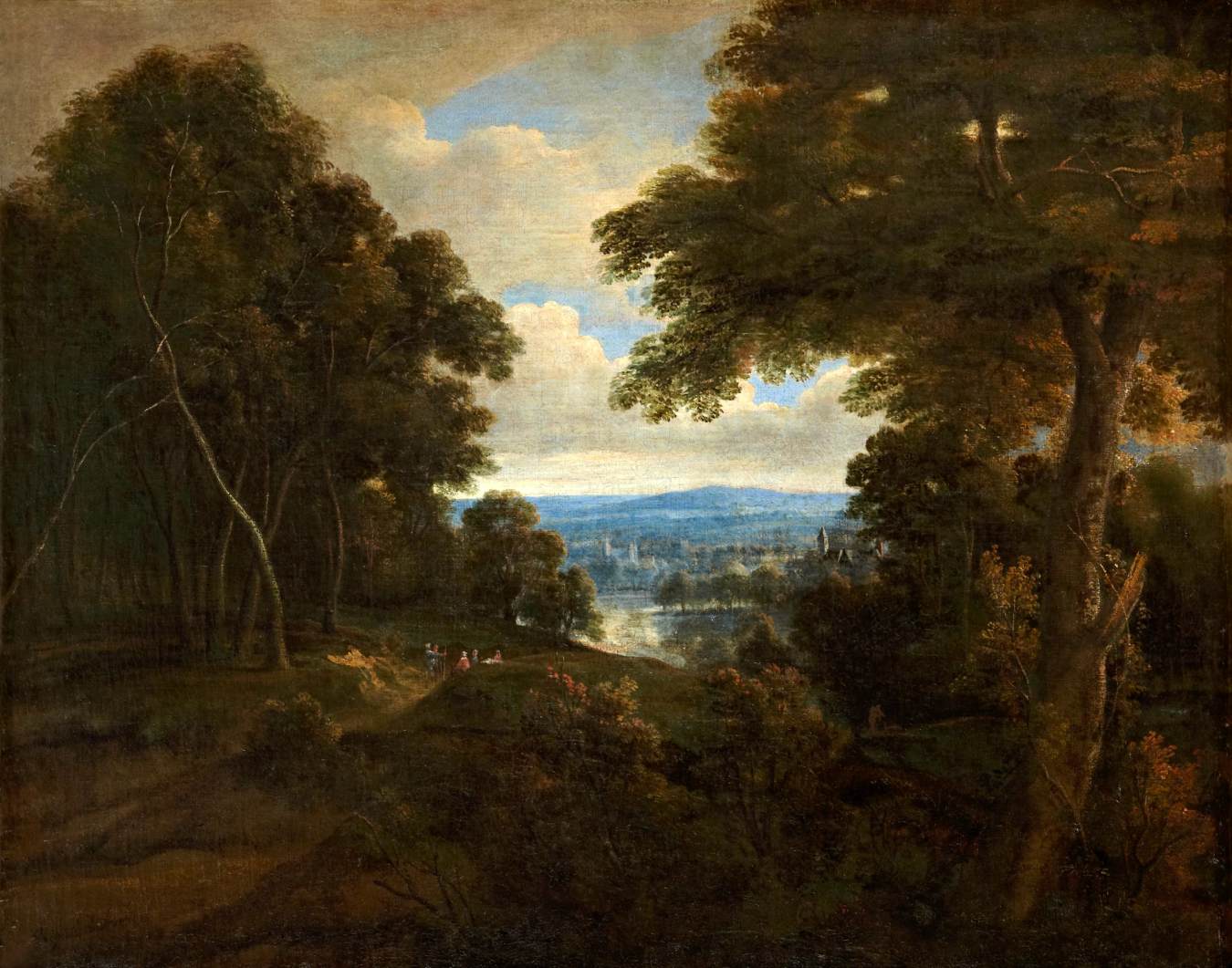 An Extensive Wooded Landscape with Travellers on a Path by