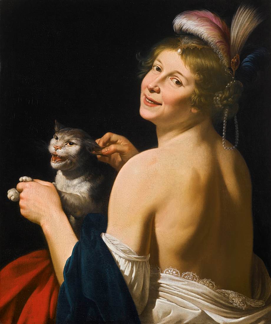 Young Woman Playing with a Cat by