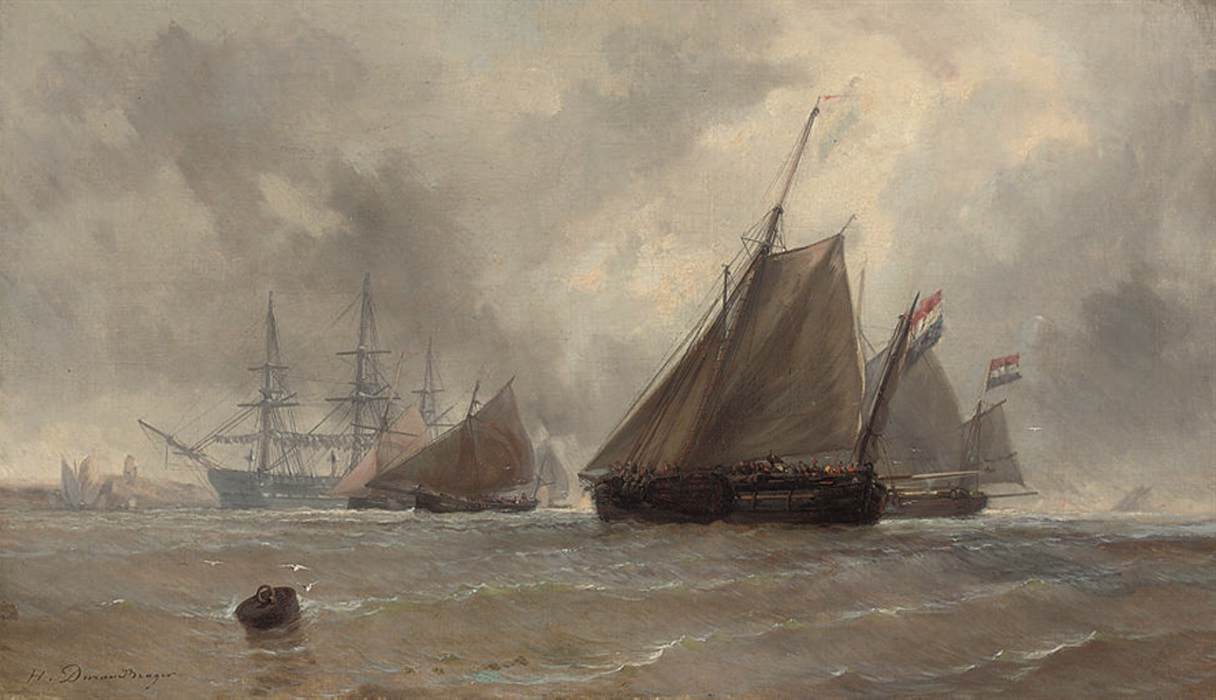 Dutch Barges Running Inshore by DURAND-BRAGER, Jean Baptiste Henri