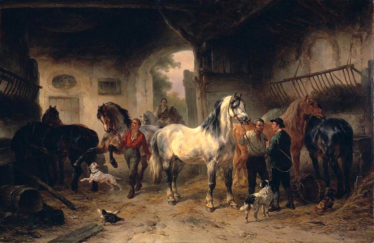 Interior of Barn with Horses and Figures by