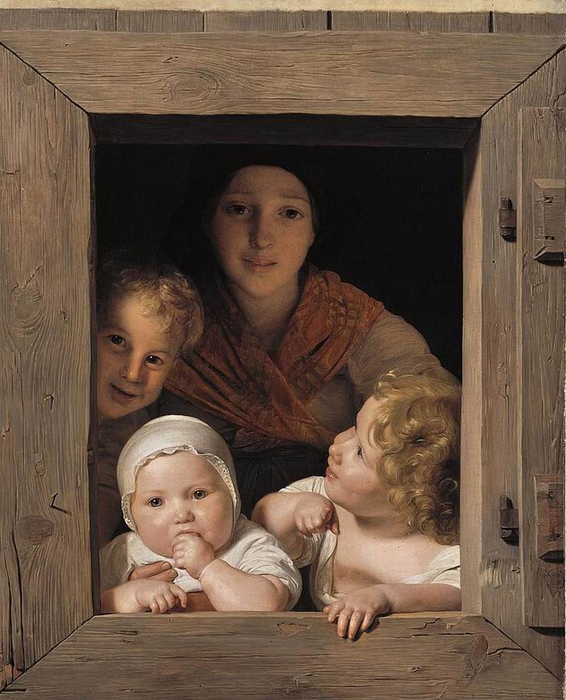 Young Peasant Woman with Three Children at the Window by WALDMÜLLER, Fedinand Georg