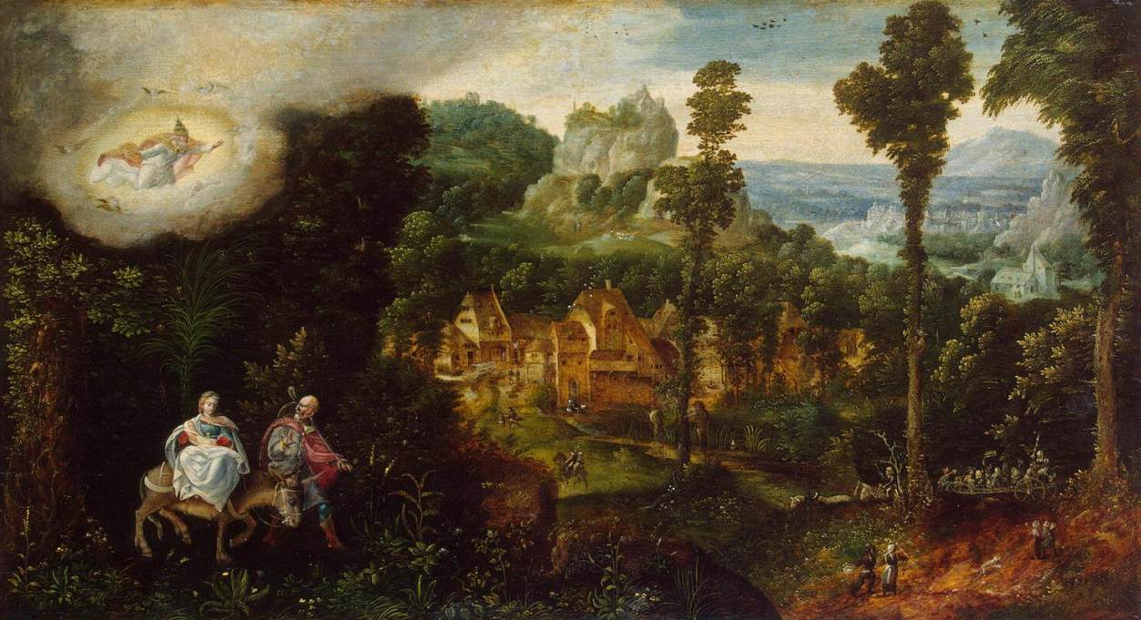 Landscape with the Flight into Egypt by BLES, Herri met de