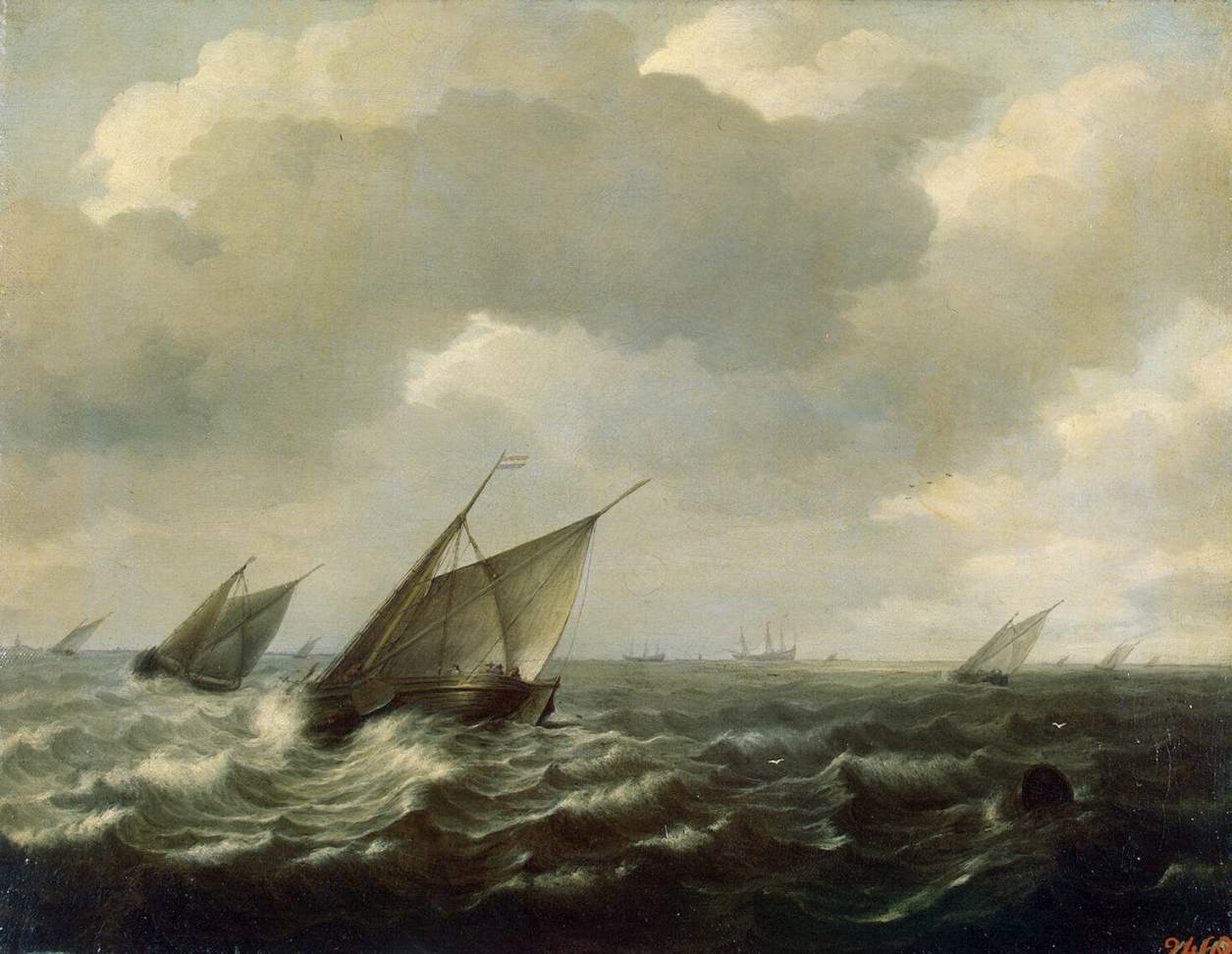 Sailing Vessels in a Strong Wind by SORGH, Hendrick Maertensz.