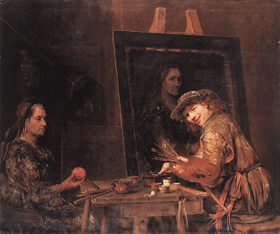 Self-Portrait at an Easel Painting an Old Woman by