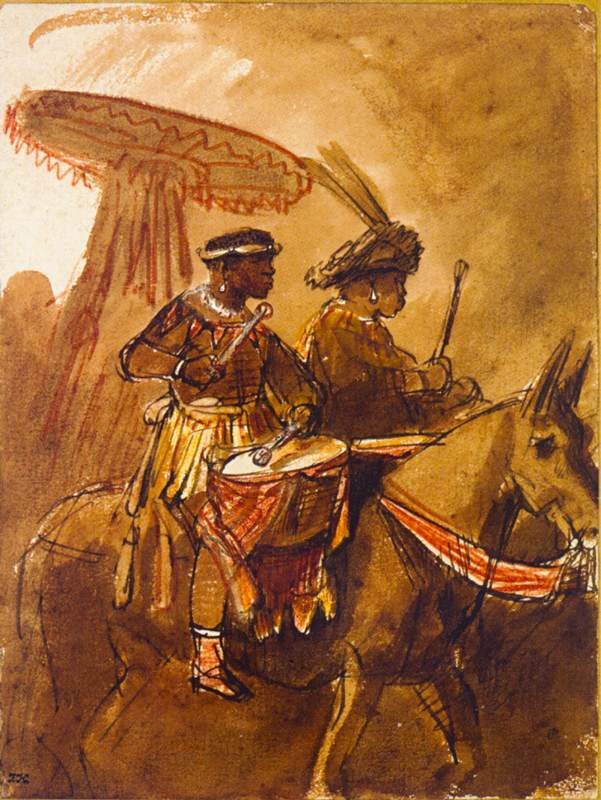 A black drummer and commander mounted on mules; riding in profile by REMBRANDT Harmenszoon van Rijn