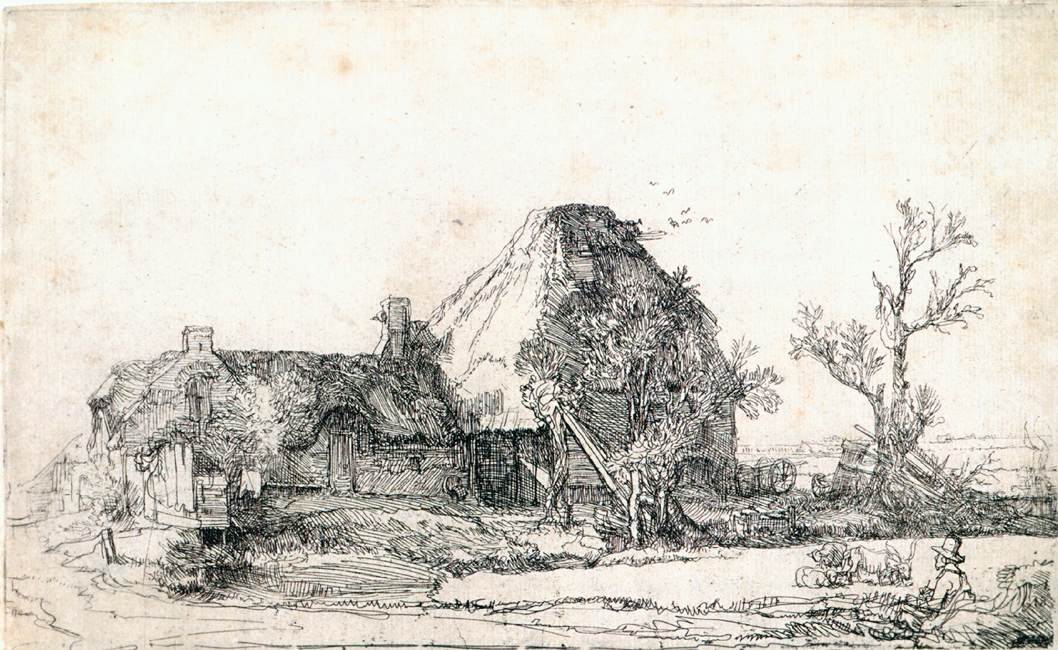 Cottage and farm buildings with a man sketching by REMBRANDT Harmenszoon van Rijn