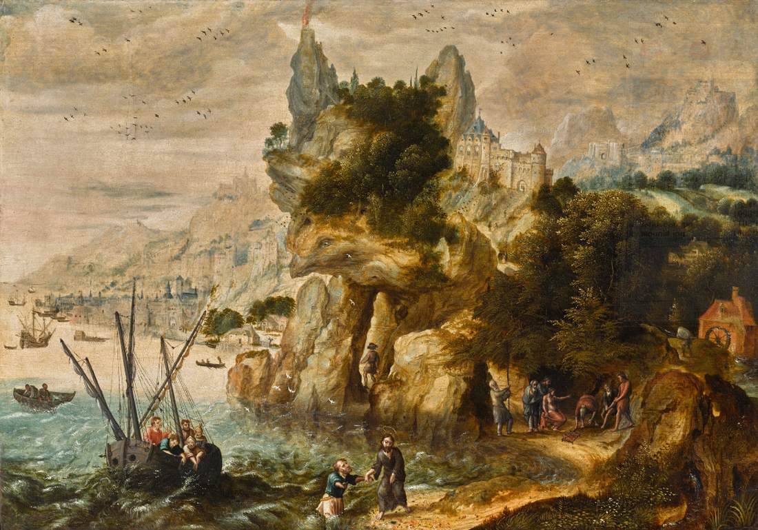 Extensive Coastal Landscape with the Calling of St Peter by BLES, Herri met de