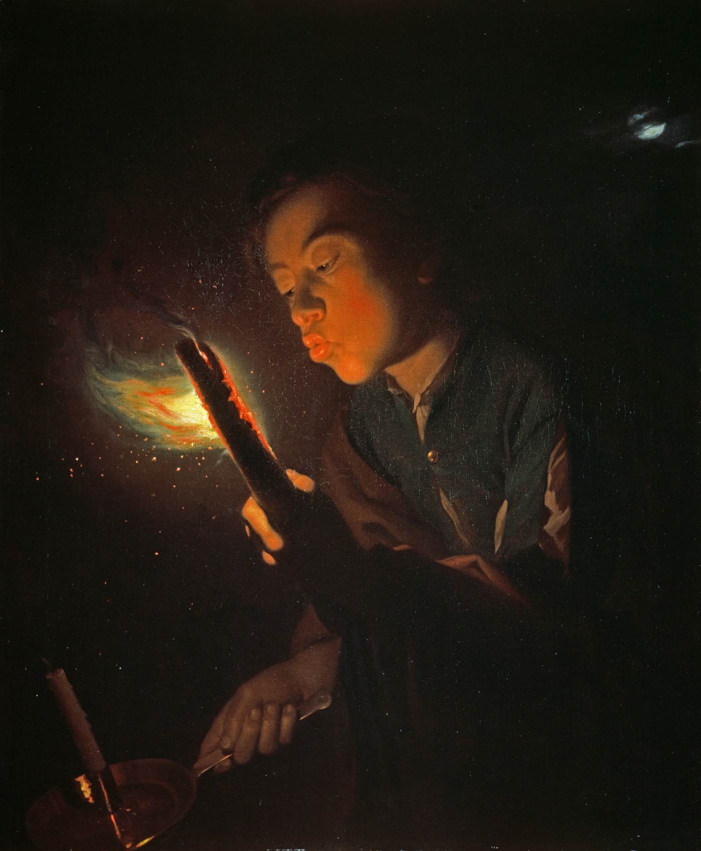 A Boy Blowing on a Firebrand to Light a Candle by