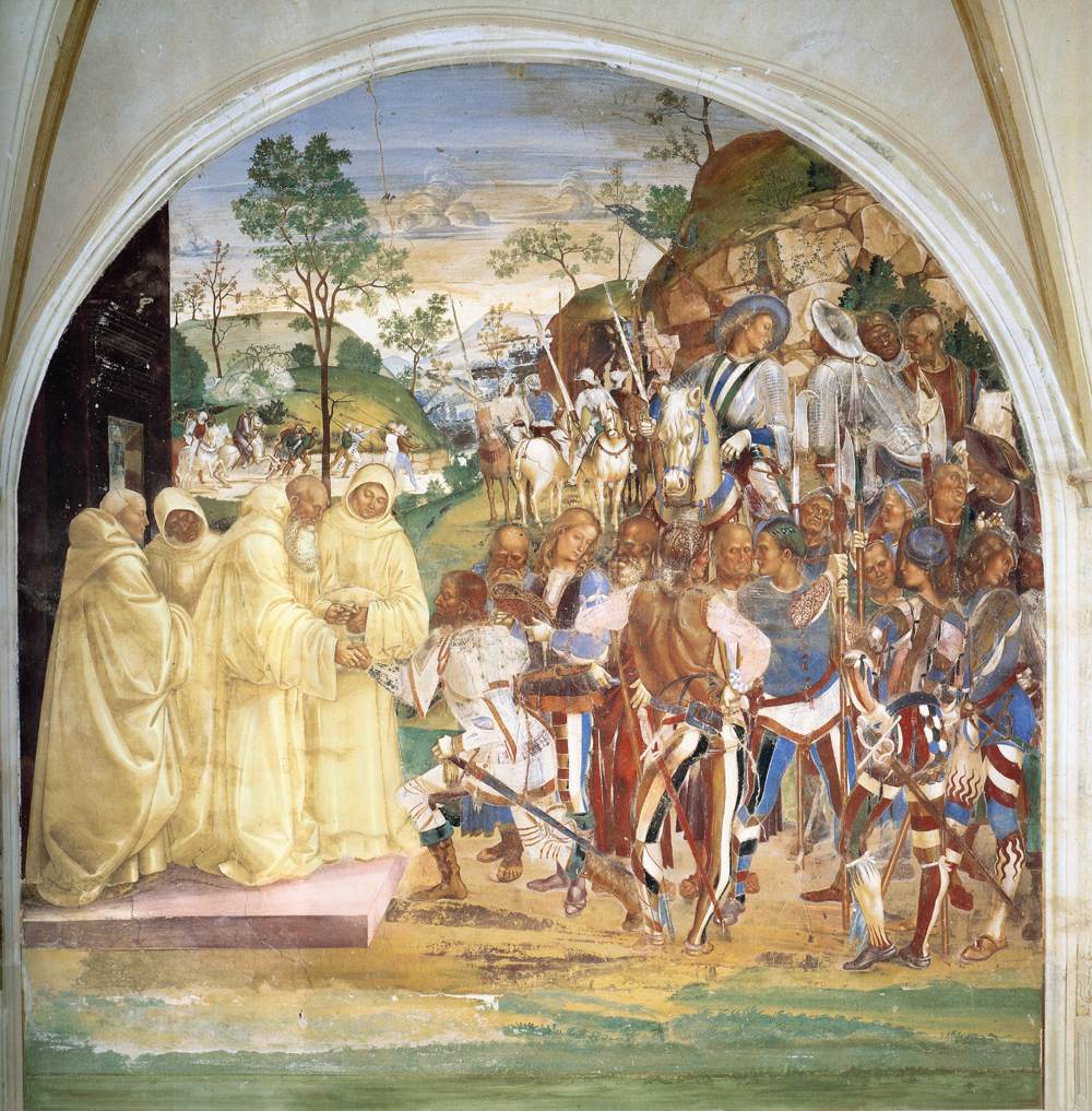 Life of St Benedict, Scene 28: Benedict Recognizes and Receives Totila by SIGNORELLI, Luca