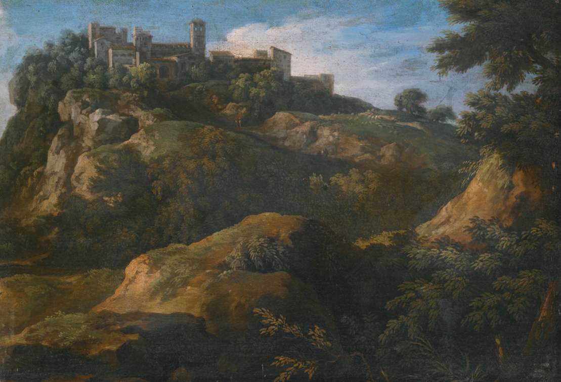 Rocky Roman Landscape with a Hilltop Town by DUGHET, Gaspard