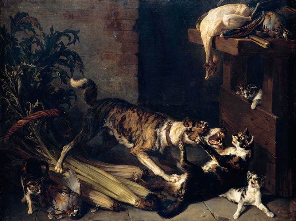 A Dog and a Cat Fighting in a Kitchen Interior by DESPORTES, Alexandre-François