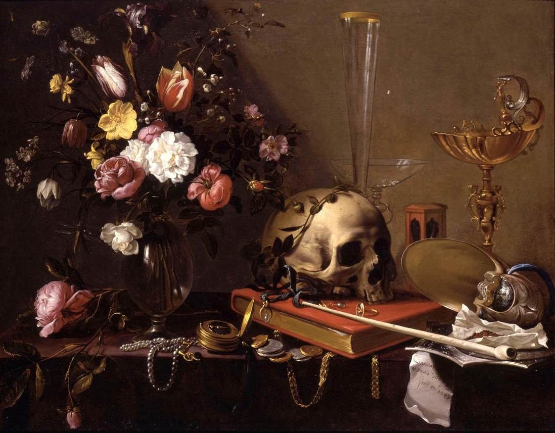 Vanitas Still-Life with a Bouquet and a Skull by UTRECHT, Adriaen van