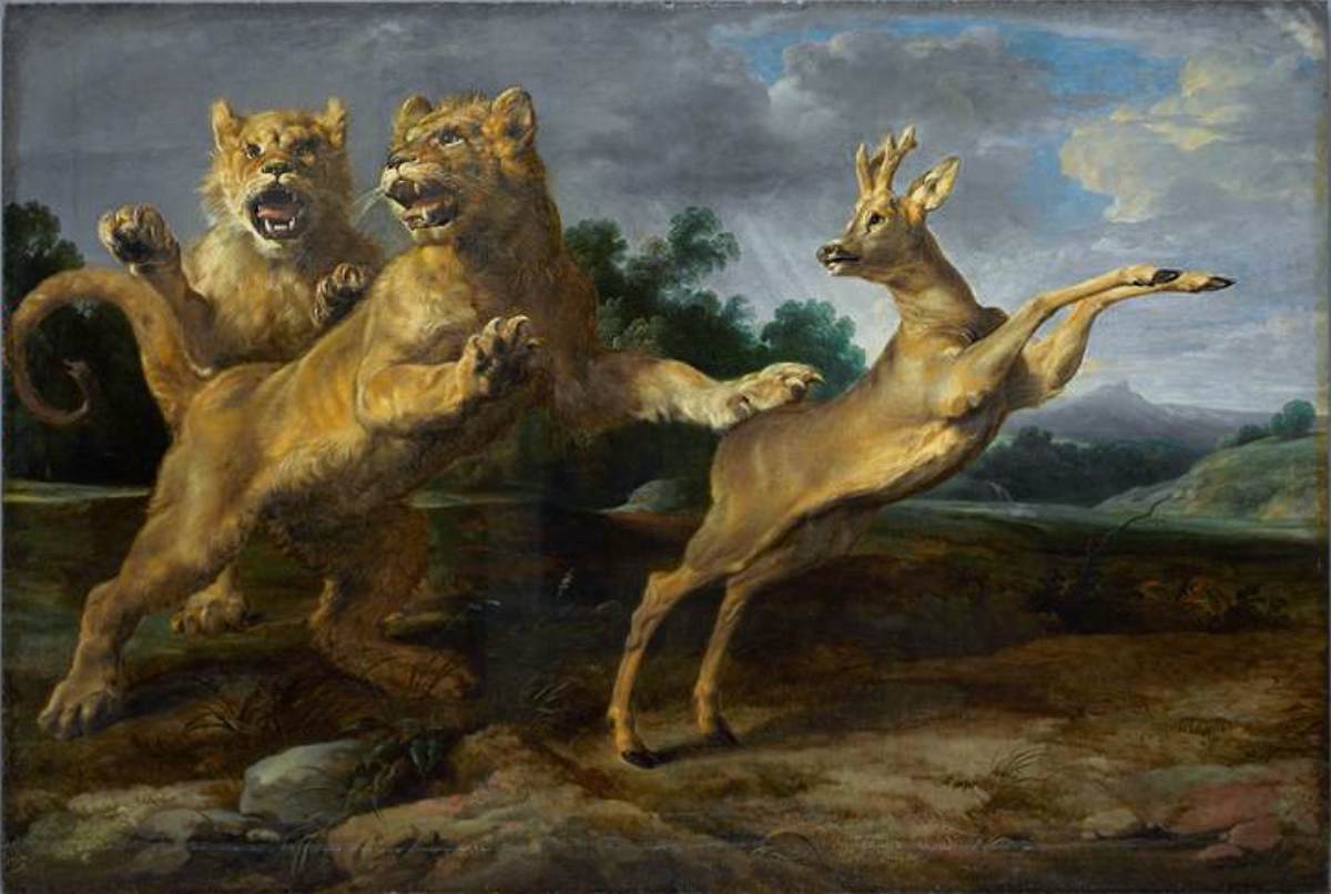 Two Young Lions Chasing a Roe by