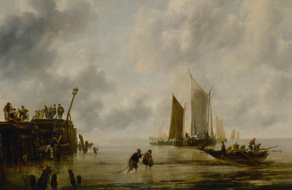 Seascape with Fishermen and Figures on a Pier by