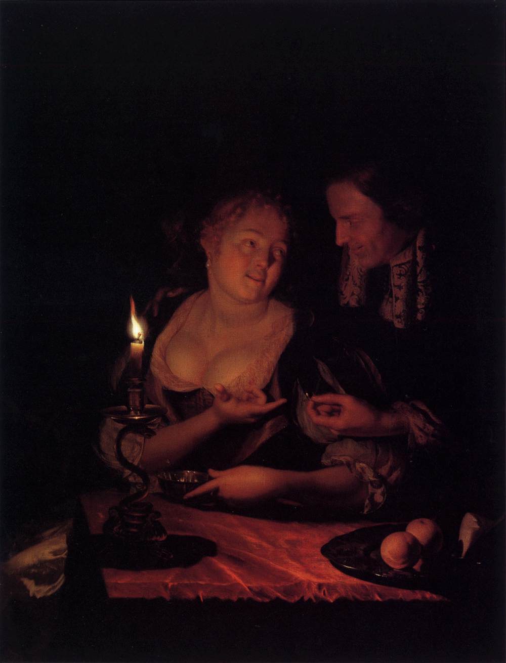 Gentleman Offering a Lady a Ring in a Candlelit Bedroom by