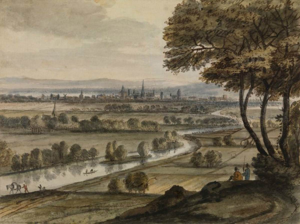 River Landscape with a Town in the Distance by