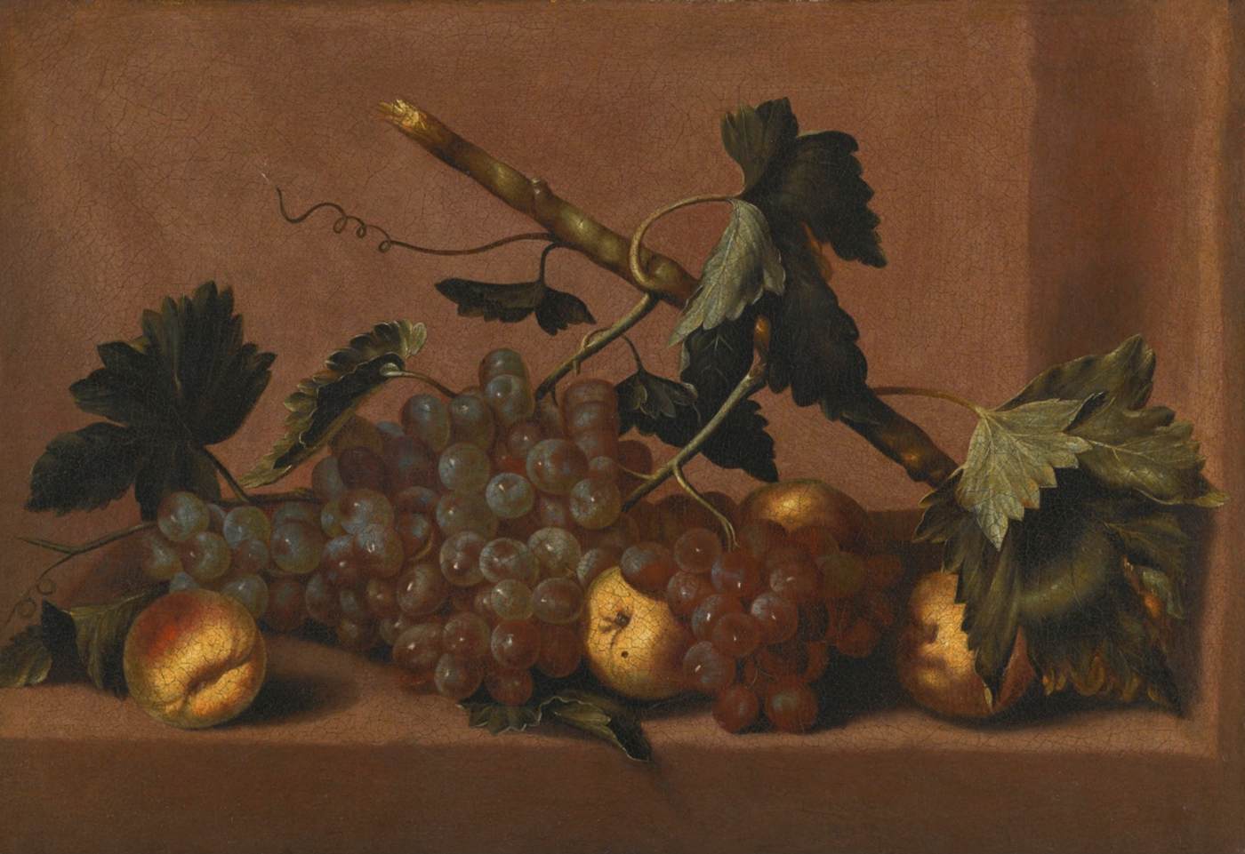 Still-Life of Peaches and Grapes on a Stone Ledge by