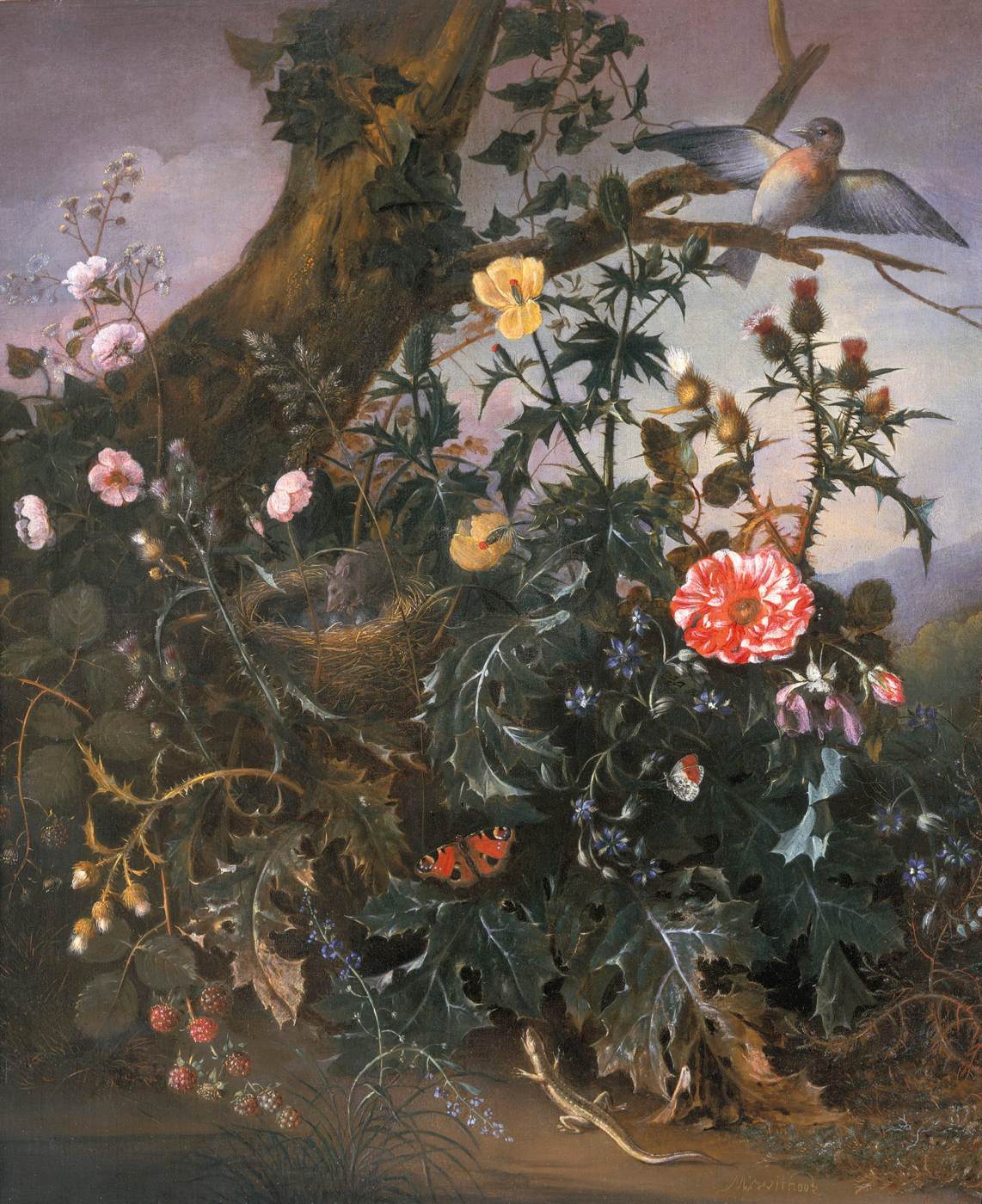 Woodland Still-Life with a Mouse, Goldfinch and Salamander by WITHOOS, Matthias