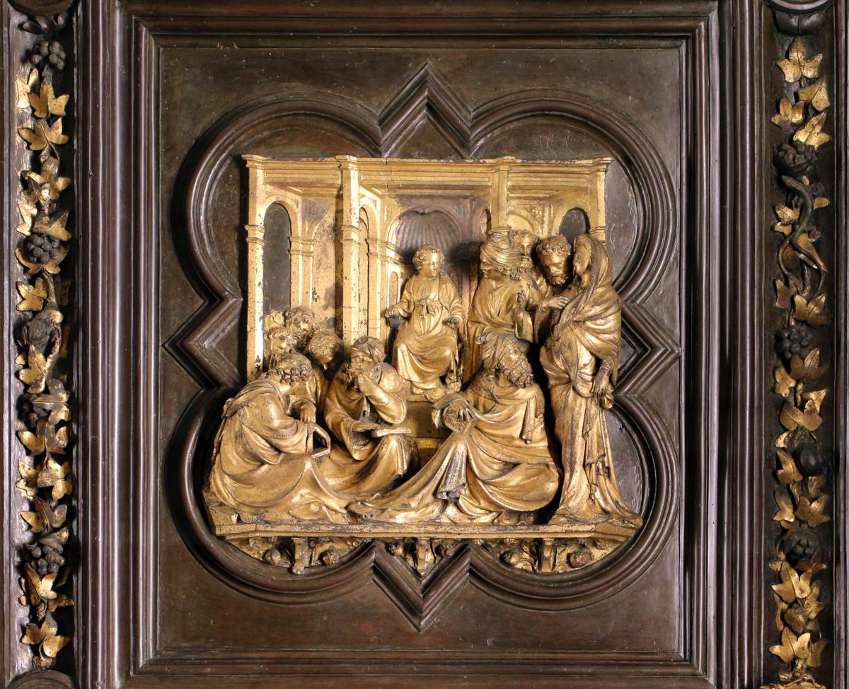 North doors panels: 4. Dispute with the Doctors by GHIBERTI, Lorenzo