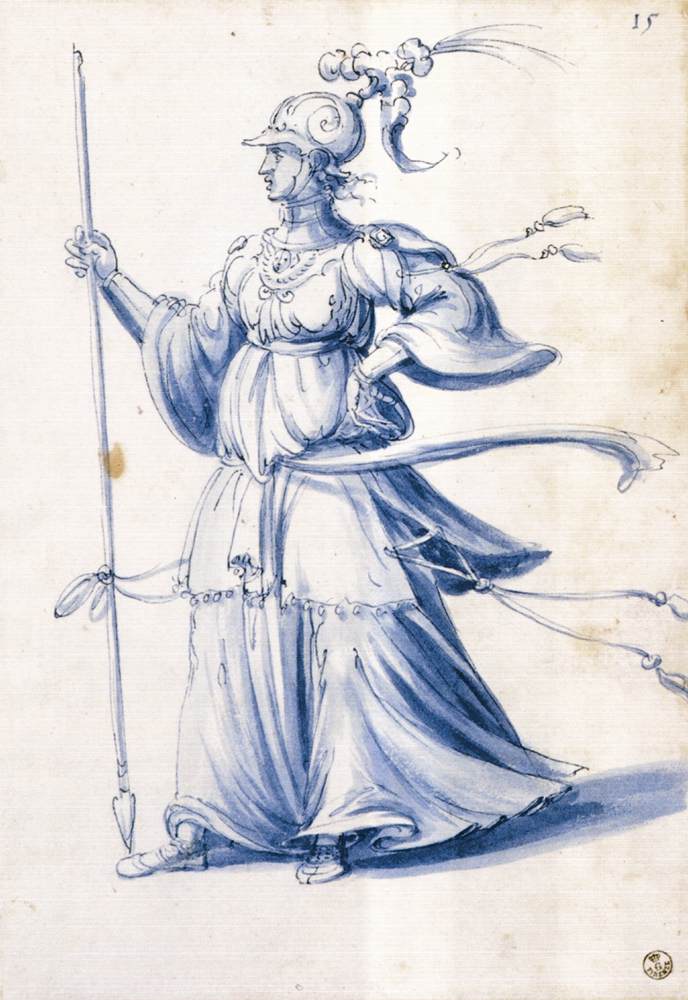 Costume drawing of a woman with lance by ARCIMBOLDO, Giuseppe