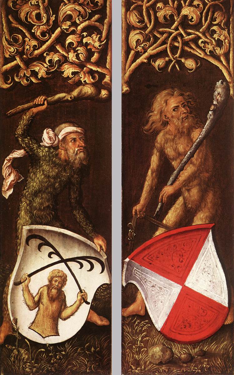 "Sylvan Men" with Heraldic Shields" by