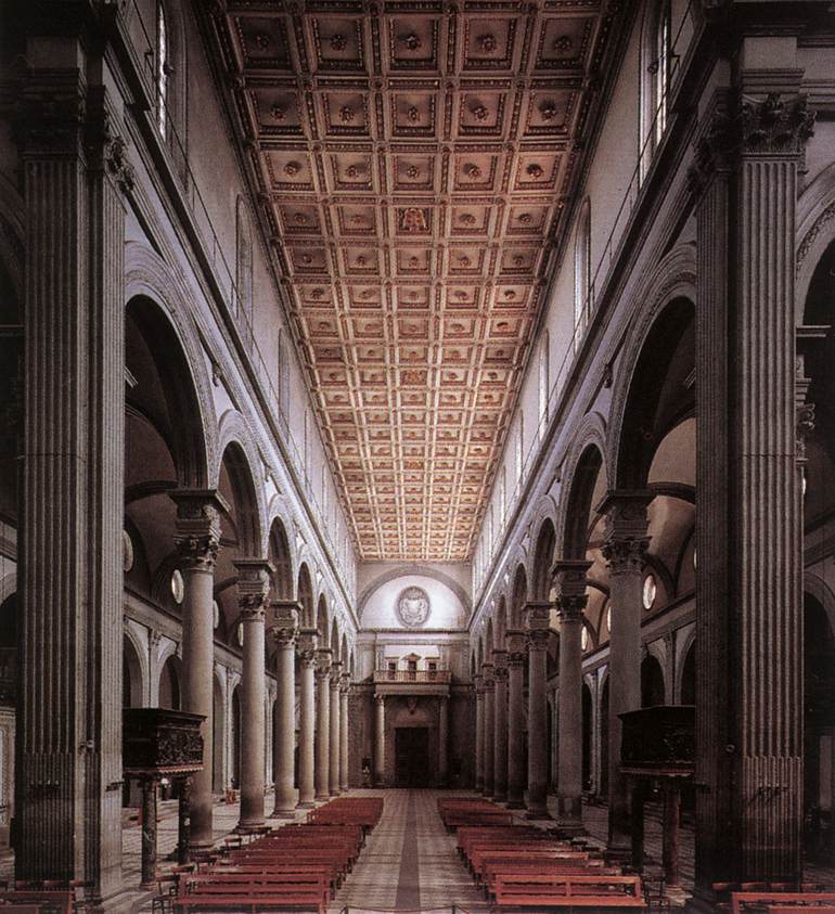 San Lorenzo: View of the nave toward the entrance by BRUNELLESCHI, Filippo