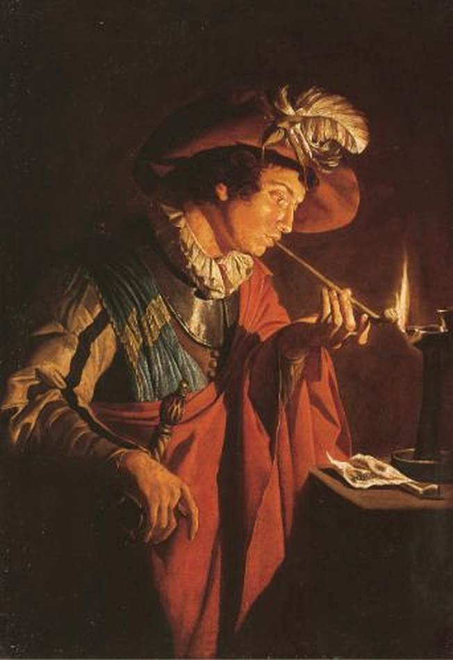 Cavalier Lighting a Pipe from an Oil Lamp by