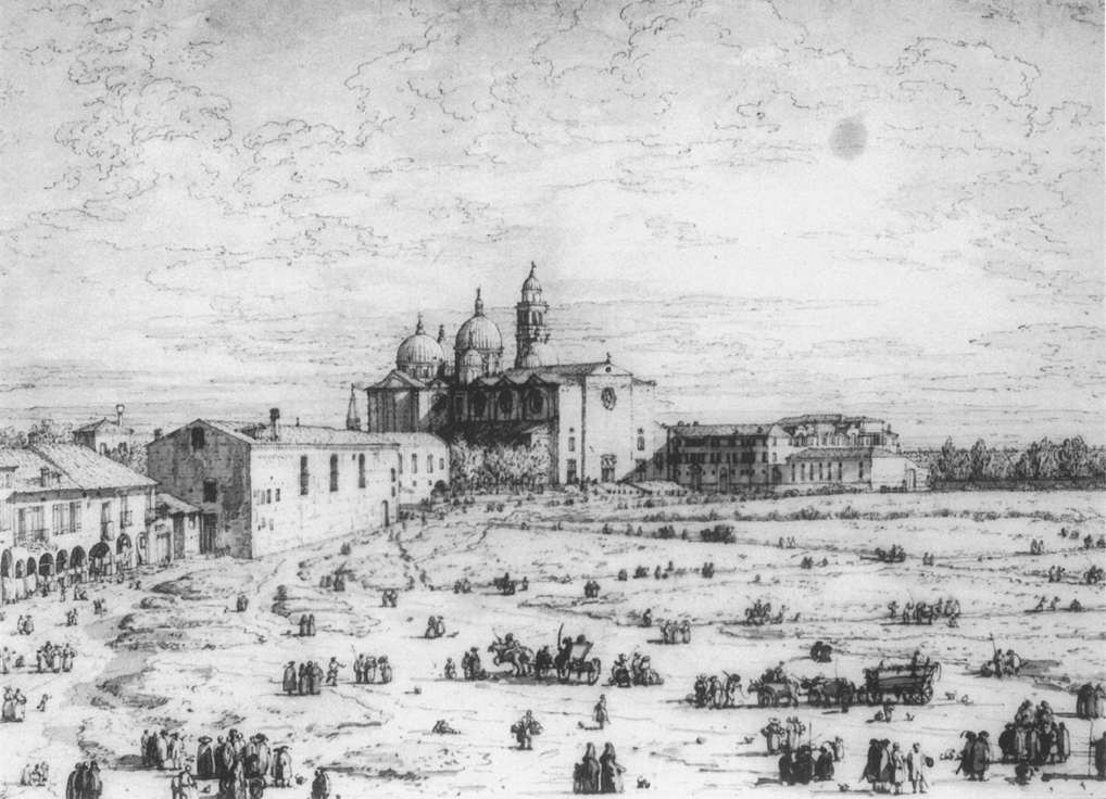 Padua: The Prato della Valle with Santa Giustinia and the Church of Misericordia (sheet 1) by CANALETTO