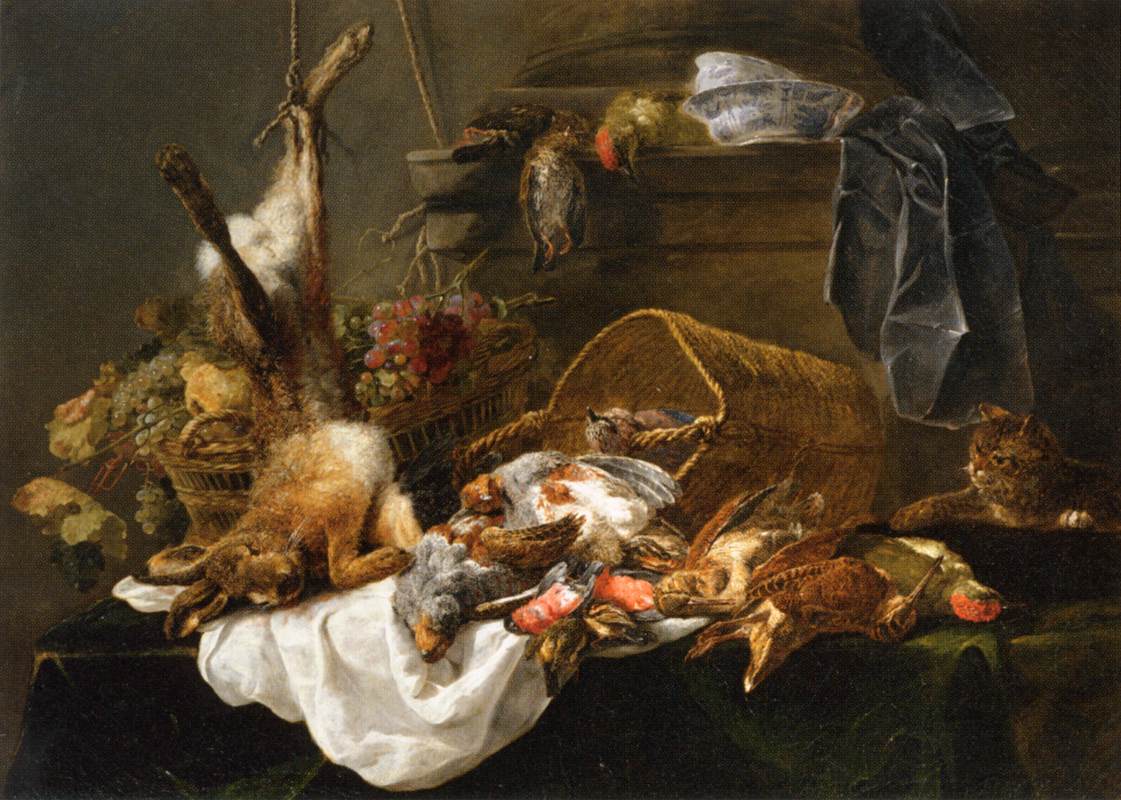 Venison and Basket of Grapes Watched by a Cat by