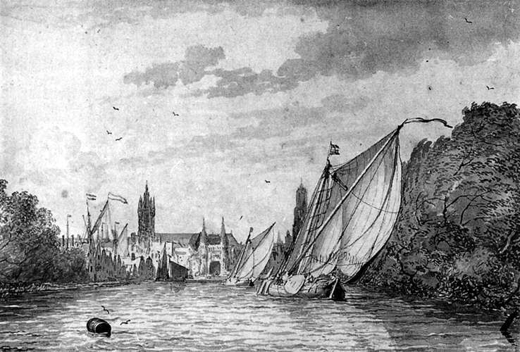 View of Delft from the Schie by BACKHUYSEN, Ludolf