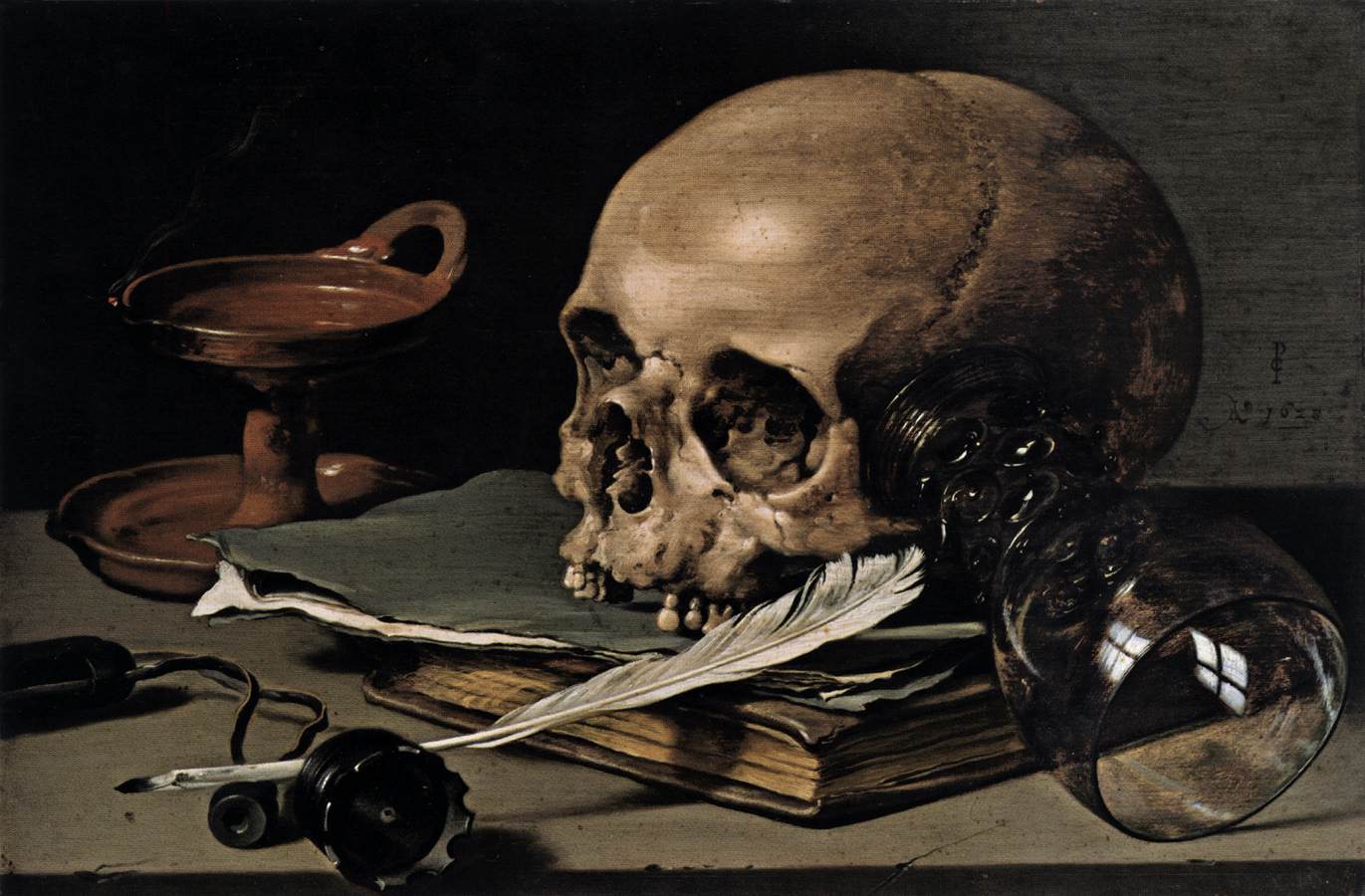 Still-Life with a Skull and Writing Quill by CLAESZ., Pieter