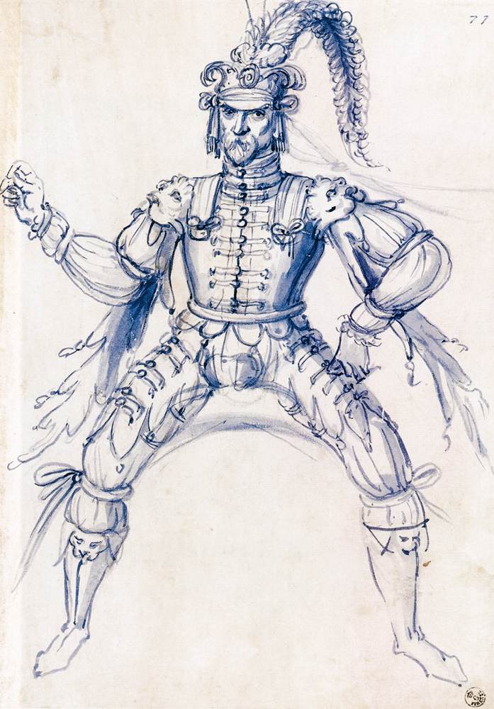 Costume drawing for a knight on horseback by