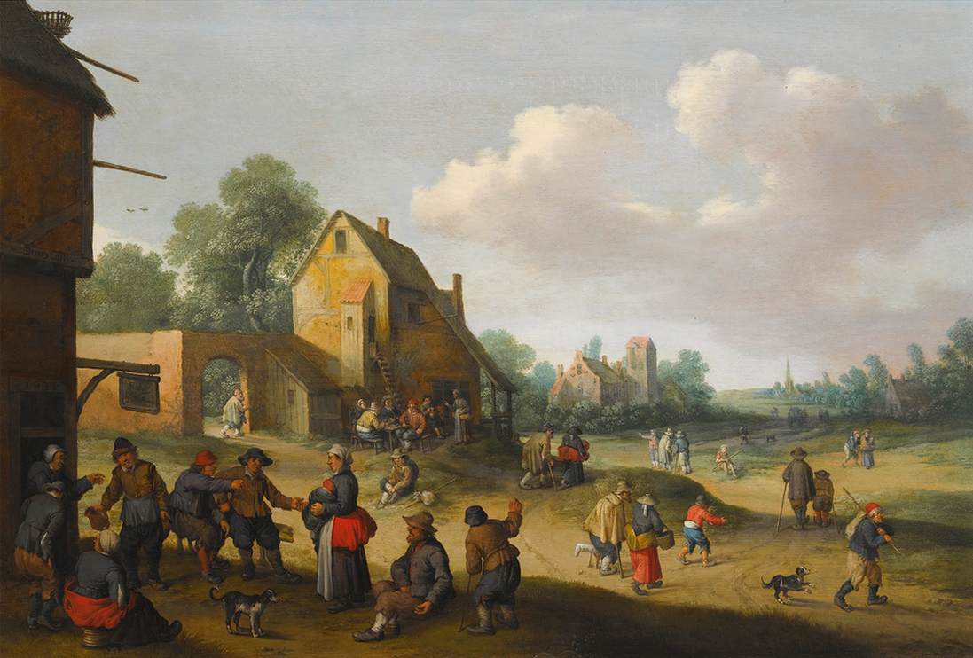 Village Scene with Figures outside an Inn by DROOCHSLOOT, Joost Cornelisz.