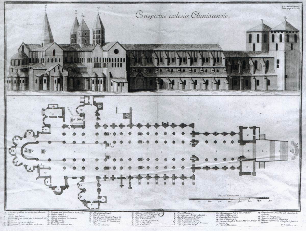 Side façade and ground plan of Cluny Abbey by GIFFART, Pierre