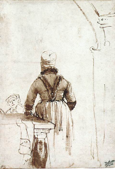 A woman in Zeeland costume, from the back by REMBRANDT Harmenszoon van Rijn