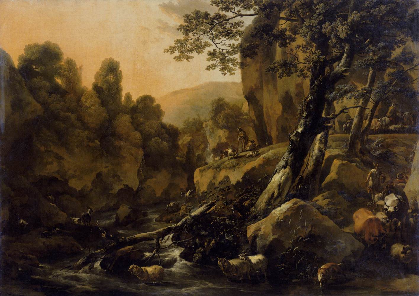 Herdsmen and Herds at a Waterfall by