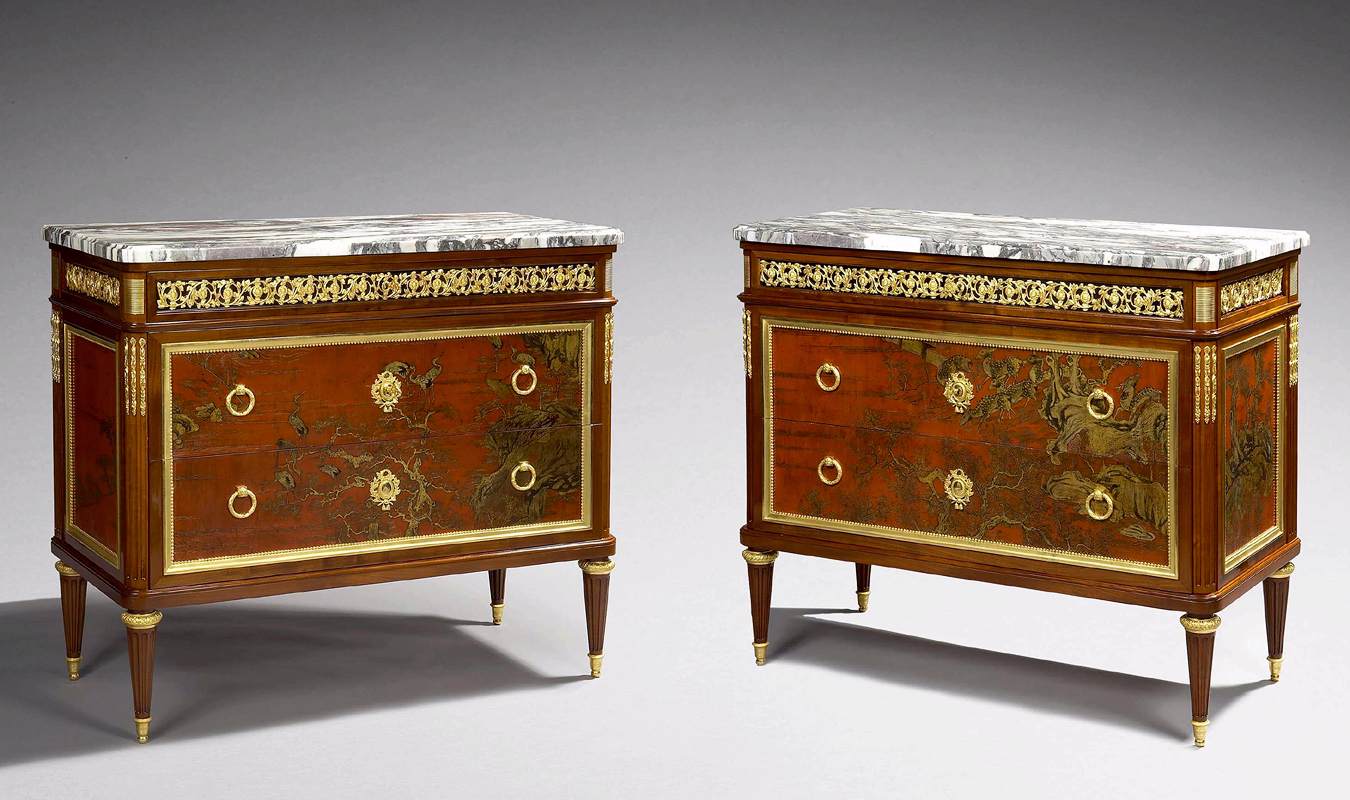 Pair of Mahogany and Lacquer Panel Commodes by