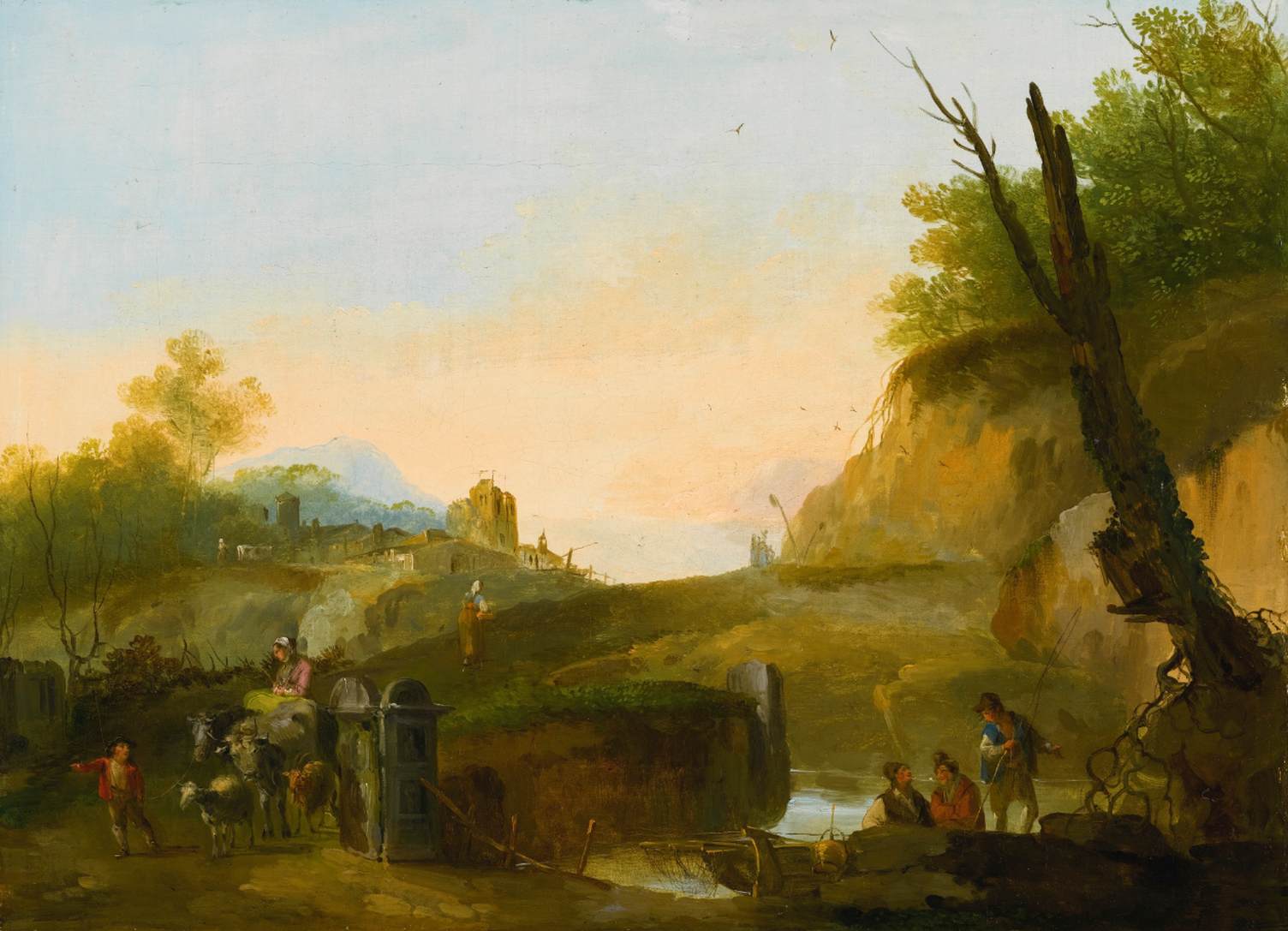 Evening Landscape with Travellers Crossing a Bridge by