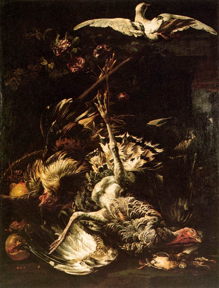 Still-Life with Turkey, Fruit and Flying Pigeon by CARO, Baldassare de