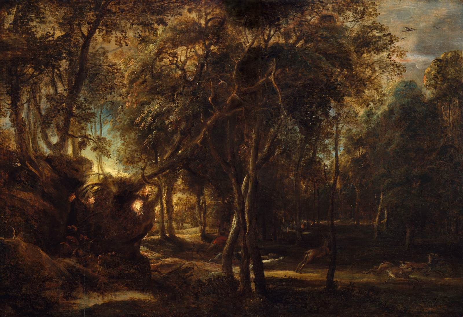 A Forest at Dawn with a Deer Hunt by