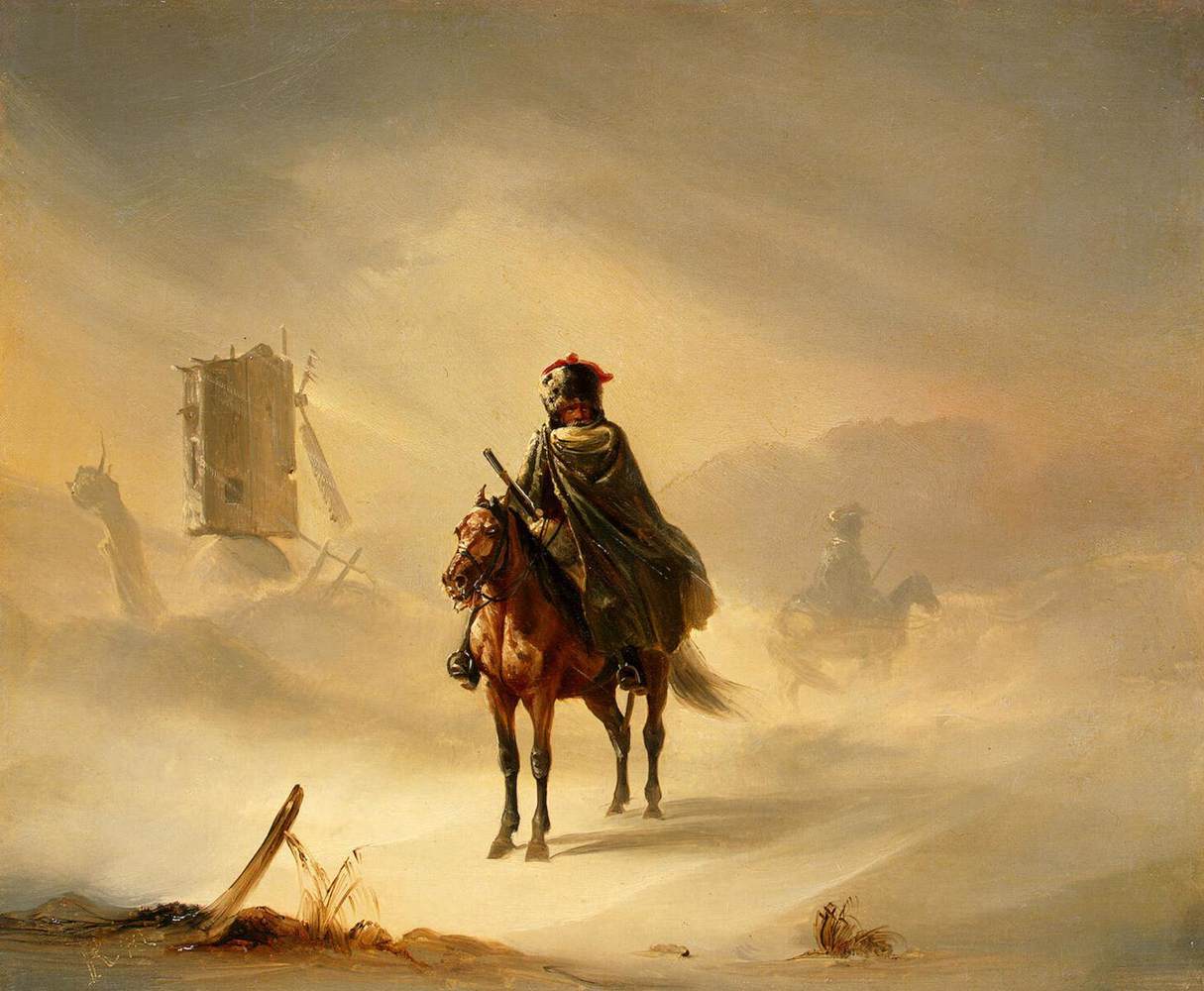 Two French Hussars on Patrol in Winter by RAFFET, Auguste