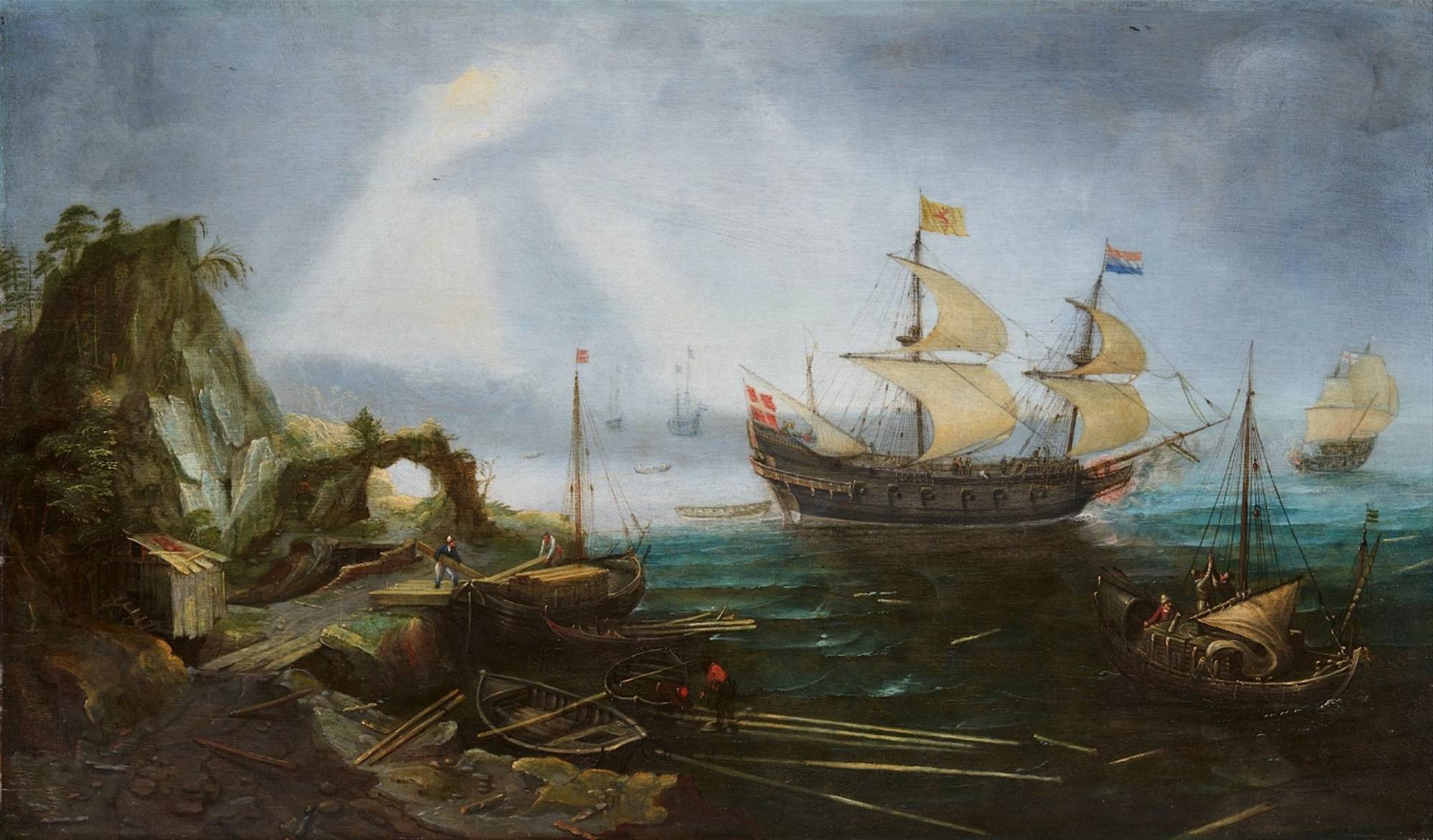 Coastal Landscape with a Warship at Anchor by