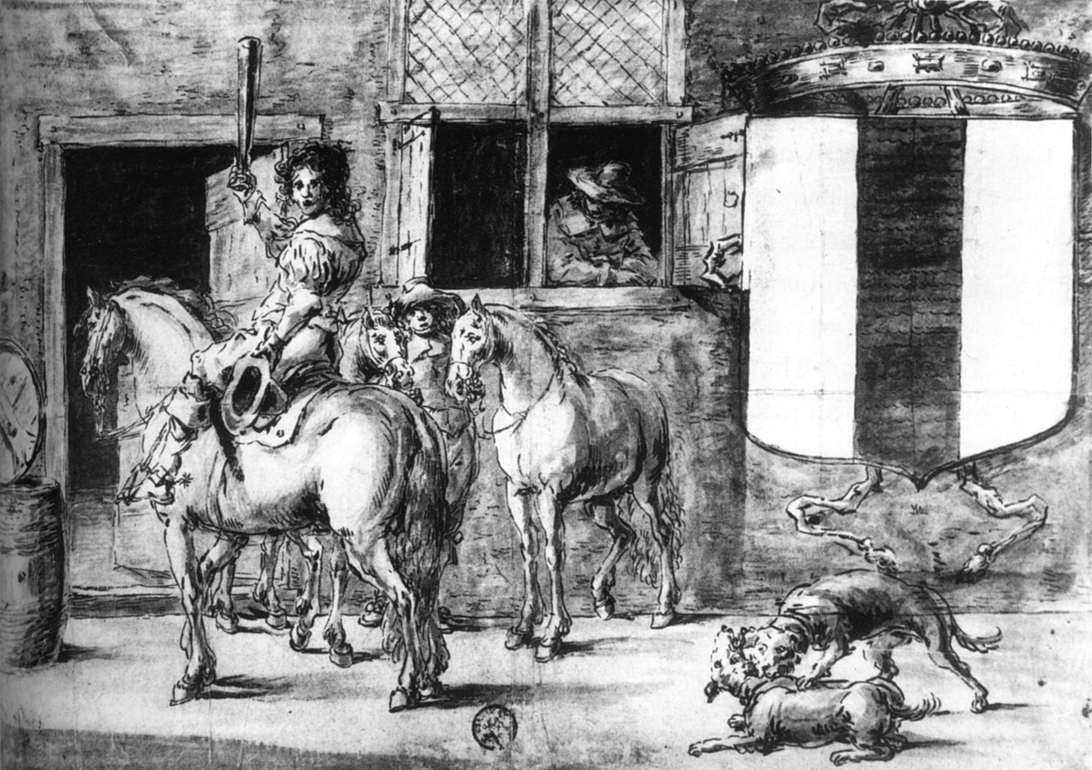 Soldiers with Horses before a House by