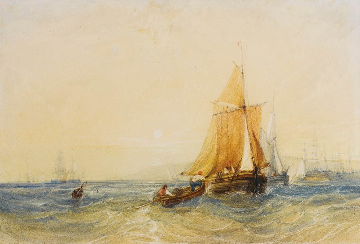 Fishing Boats at Sunset off a Harbour by BENTLEY, Charles