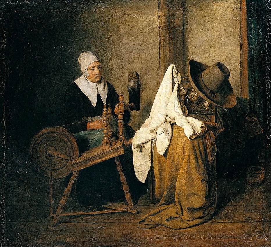 Interior with an Old Woman at a Spinning Wheel by BOURSSE, Esaias