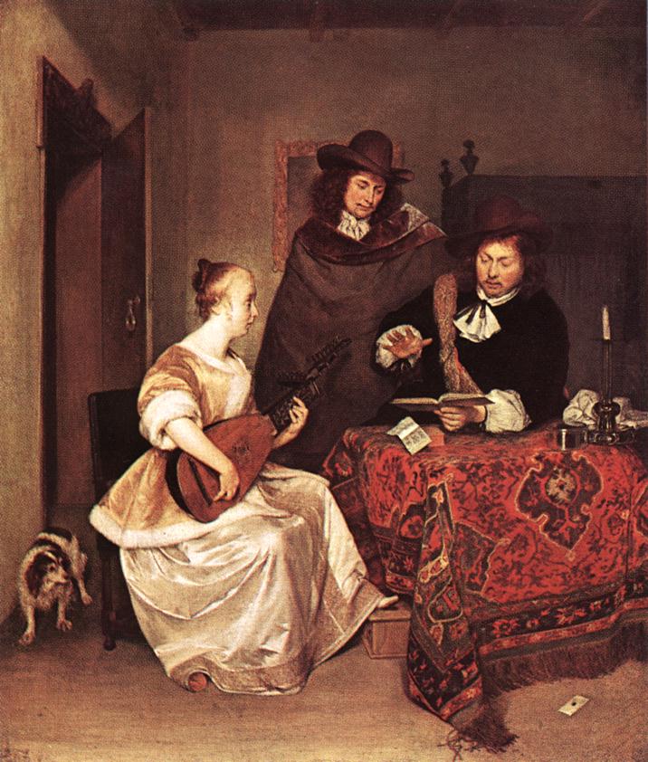 A Young Woman Playing a Theorbo to Two Men by TERBORCH, Gerard