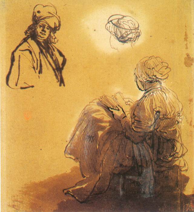 A woman reading and an Oriental by REMBRANDT Harmenszoon van Rijn