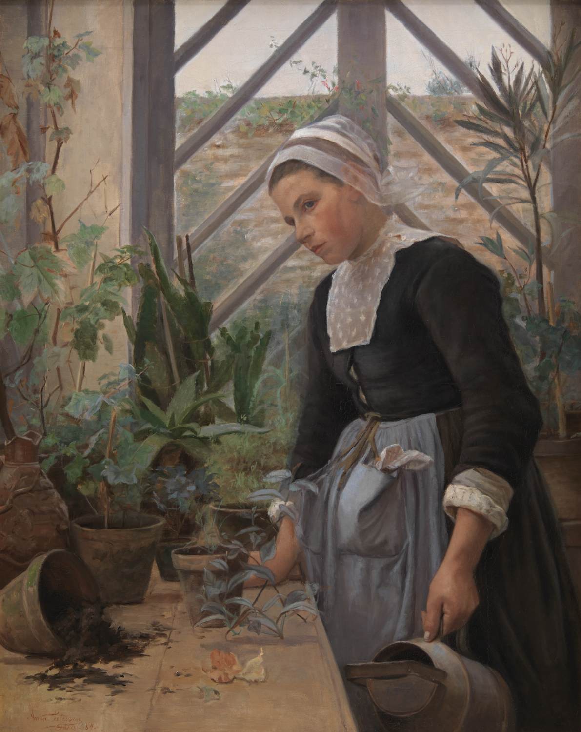 Breton Girl Looking After Plants in the Hothouse by PETERSEN, Anna